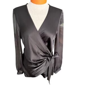 Diane Von Furstenburg Womens Satin Top Sheer Long Silk Sleeves Black Size S/M?